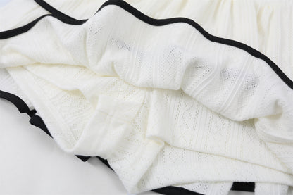 Dramatic Long Sleeve Tie Front Top Ruffled A-Line Mini Skirt Coquette White Knit Two-Piece Black Piping Short Dress AP6757