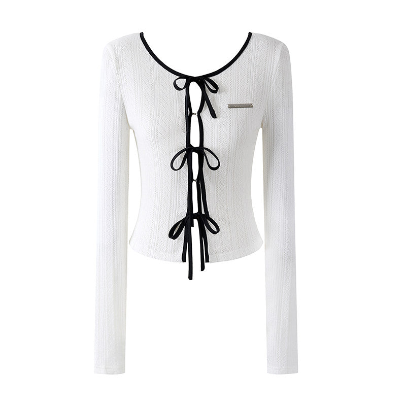 Dramatic Long Sleeve Tie Front Top Ruffled A-Line Mini Skirt Coquette White Knit Two-Piece Black Piping Short Dress AP6757