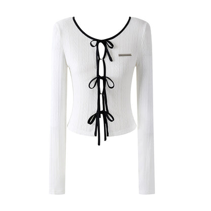 Dramatic Long Sleeve Tie Front Top Ruffled A-Line Mini Skirt Coquette White Knit Two-Piece Black Piping Short Dress AP6757