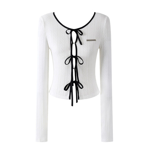 Dramatic Long Sleeve Tie Front Top Ruffled A-Line Mini Skirt Coquette White Knit Two-Piece Black Piping Short Dress AP6757