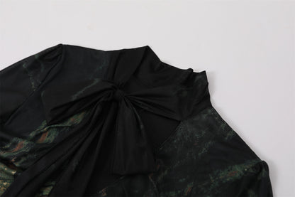 Stunning Metallic Swirl Print Sheath Maxi Dress Mystical Black Sheer Bell Sleeves Long Dress AP6758