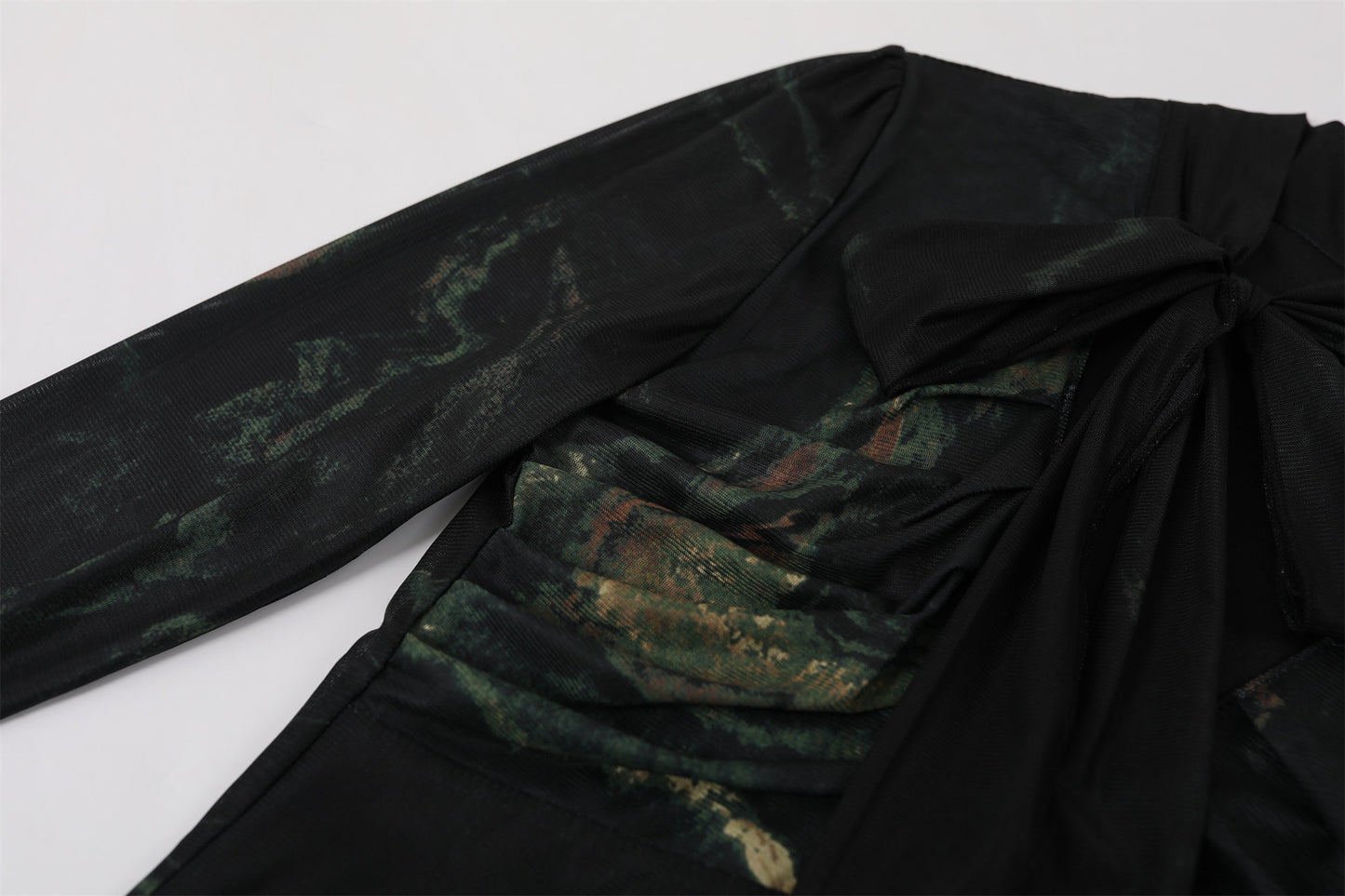 Stunning Metallic Swirl Print Sheath Maxi Dress Mystical Black Sheer Bell Sleeves Long Dress AP6758
