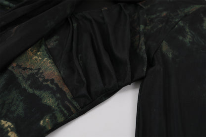 Stunning Metallic Swirl Print Sheath Maxi Dress Mystical Black Sheer Bell Sleeves Long Dress AP6758