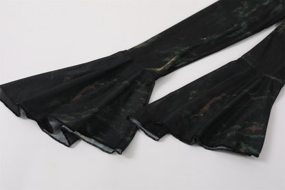 Stunning Metallic Swirl Print Sheath Maxi Dress Mystical Black Sheer Bell Sleeves Long Dress AP6758