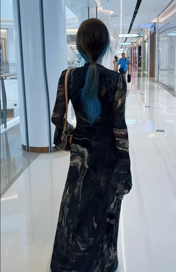 Stunning Metallic Swirl Print Sheath Maxi Dress Mystical Black Sheer Bell Sleeves Long Dress AP6758