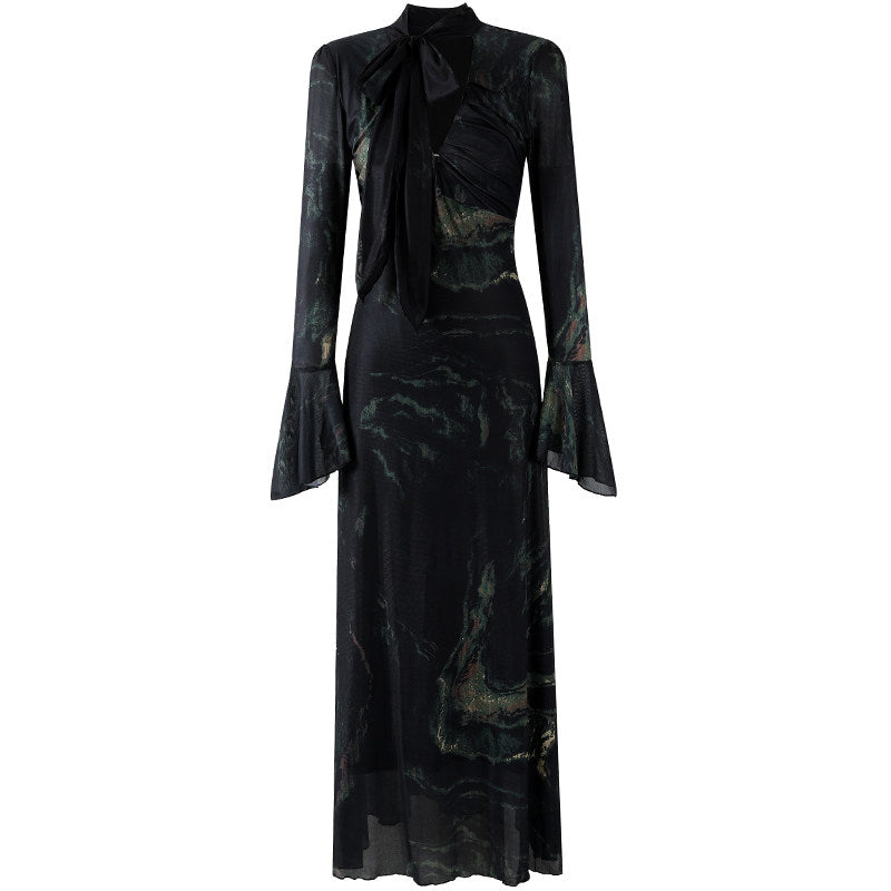 Stunning Metallic Swirl Print Sheath Maxi Dress Mystical Black Sheer Bell Sleeves Long Dress AP6758