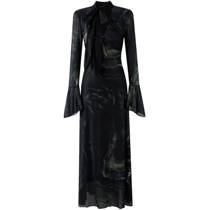 Stunning Metallic Swirl Print Sheath Maxi Dress Mystical Black Sheer Bell Sleeves Long Dress AP6758