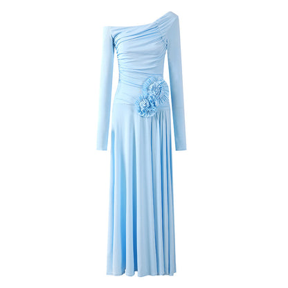 Novelty Sky Blue Asymmetrical Neck A-Line Maxi Dress Long Sleeve 3D Floral Detail Long Dress AP6759