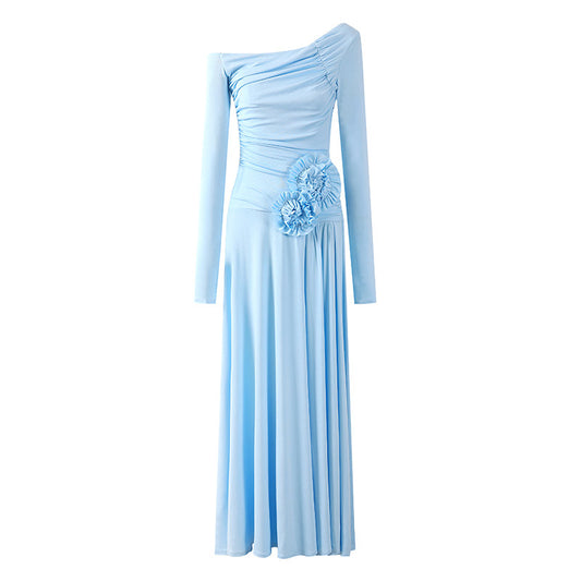 Novelty Sky Blue Asymmetrical Neck A-Line Maxi Dress Long Sleeve 3D Floral Detail Long Dress AP6759