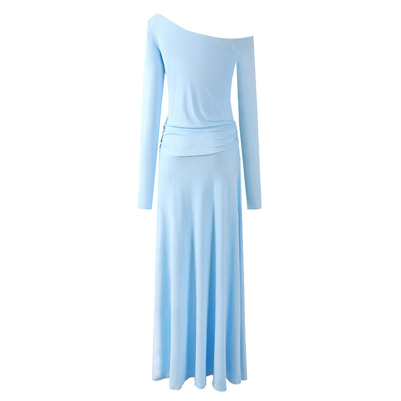 Novelty Sky Blue Asymmetrical Neck A-Line Maxi Dress Long Sleeve 3D Floral Detail Long Dress AP6759