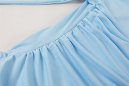 Novelty Sky Blue Asymmetrical Neck A-Line Maxi Dress Long Sleeve 3D Floral Detail Long Dress AP6759