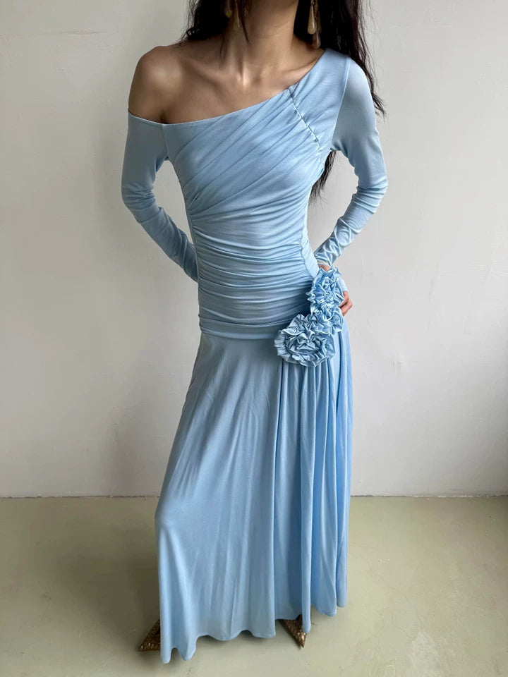 Novelty Sky Blue Asymmetrical Neck A-Line Maxi Dress Long Sleeve 3D Floral Detail Long Dress AP6759