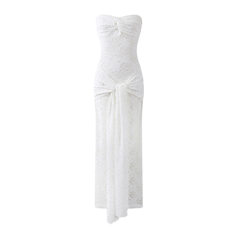 Unique Sheer Lace Strapless Maxi Dress Sheath Glamorous Draped Front Tie Detail Long Dress AP6760
