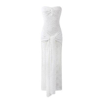 Unique Sheer Lace Strapless Maxi Dress Sheath Glamorous Draped Front Tie Detail Long Dress AP6760