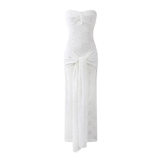 Unique Sheer Lace Strapless Maxi Dress Sheath Glamorous Draped Front Tie Detail Long Dress AP6760