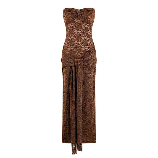 Unique Sheer Lace Strapless Maxi Dress Sheath Glamorous Draped Front Tie Detail Long Dress AP6760