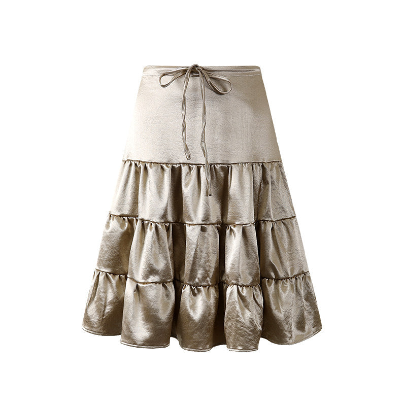 Vibrant Two-Piece Brown Sheer Top A-Line Midi Dress Chic Polka Dot and Gold Tiered Satin Skirt AP6761