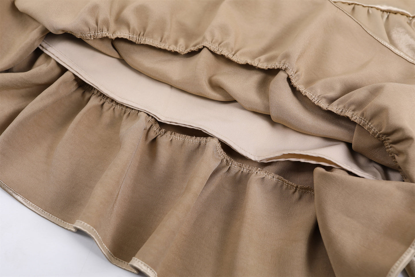 Vibrant Two-Piece Brown Sheer Top A-Line Midi Dress Chic Polka Dot and Gold Tiered Satin Skirt AP6761
