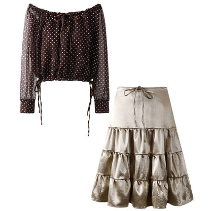 Vibrant Two-Piece Brown Sheer Top A-Line Midi Dress Chic Polka Dot and Gold Tiered Satin Skirt AP6761