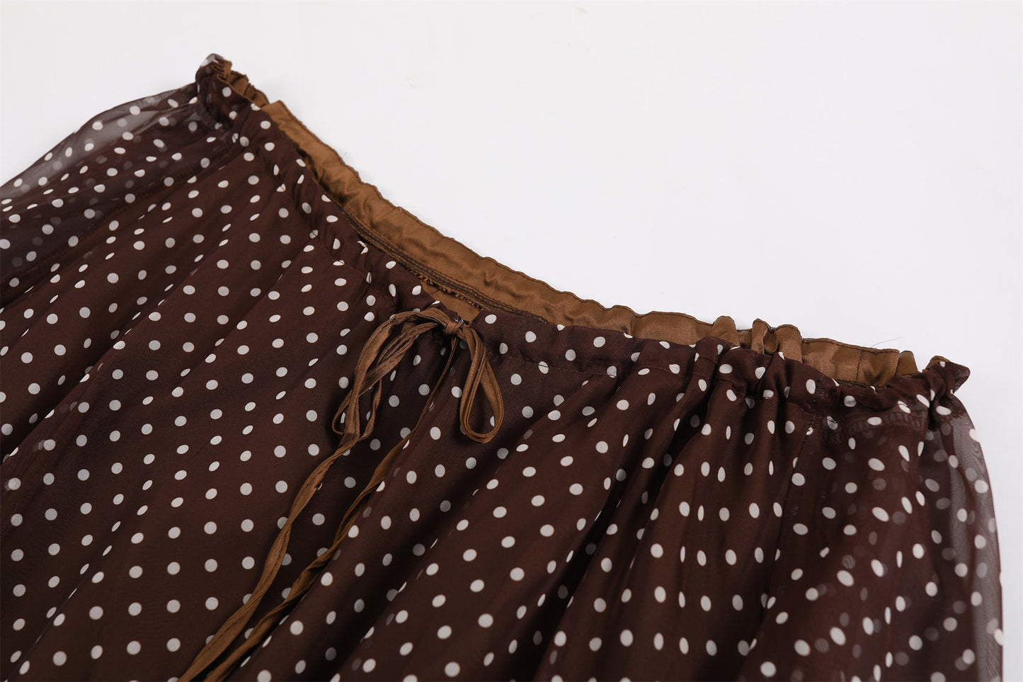 Vibrant Two-Piece Brown Sheer Top A-Line Midi Dress Chic Polka Dot and Gold Tiered Satin Skirt AP6761