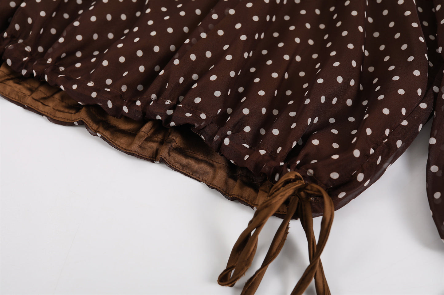 Vibrant Two-Piece Brown Sheer Top A-Line Midi Dress Chic Polka Dot and Gold Tiered Satin Skirt AP6761