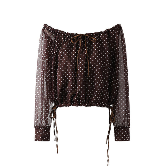 Vibrant Two-Piece Brown Sheer Top A-Line Midi Dress Chic Polka Dot and Gold Tiered Satin Skirt AP6761