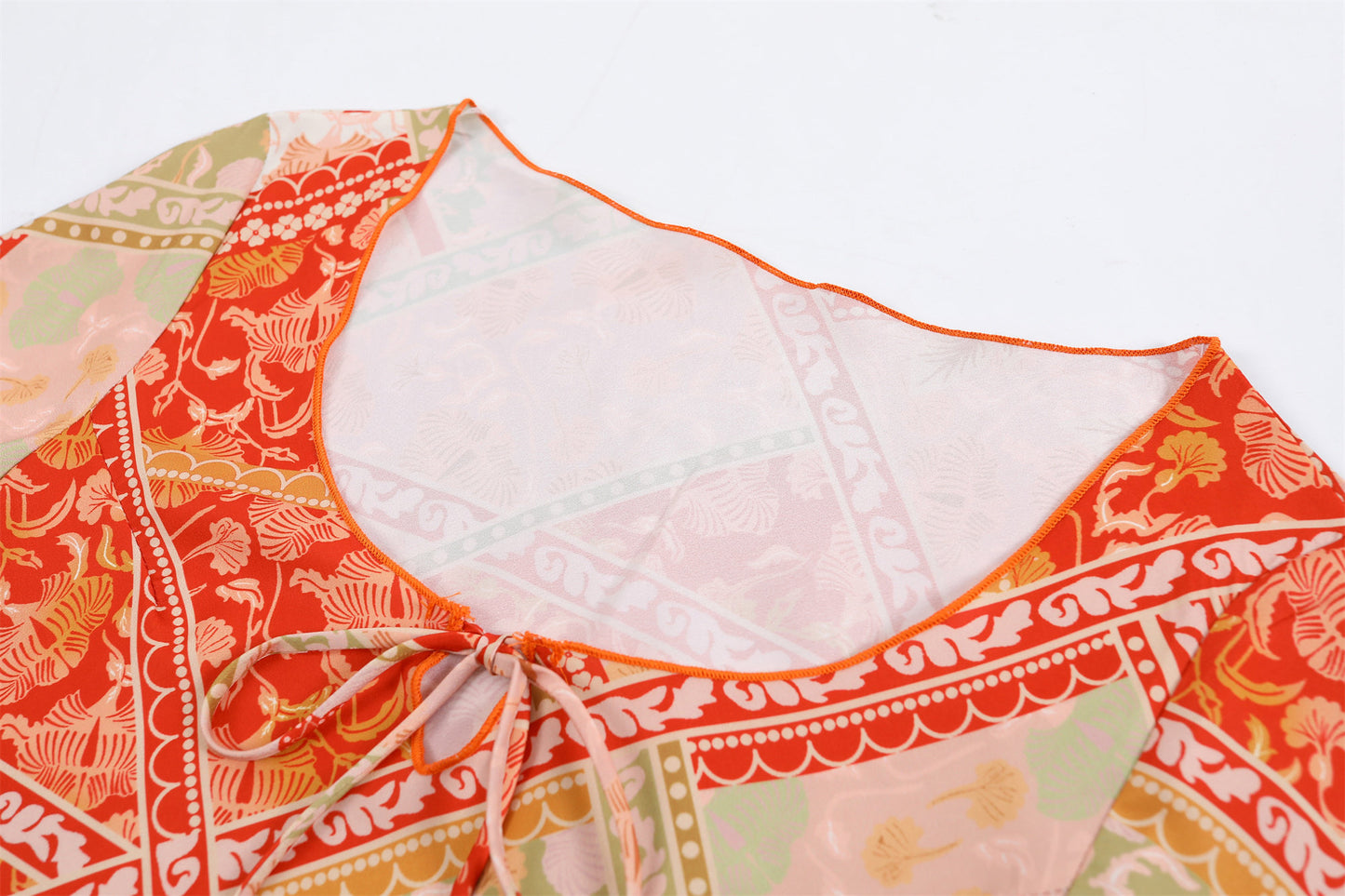 Fashionable Flared Bell Sleeves A-Line Maxi Dress Boho Summer Orange Patchwork Print Jewel Neck Long Dress AP6762