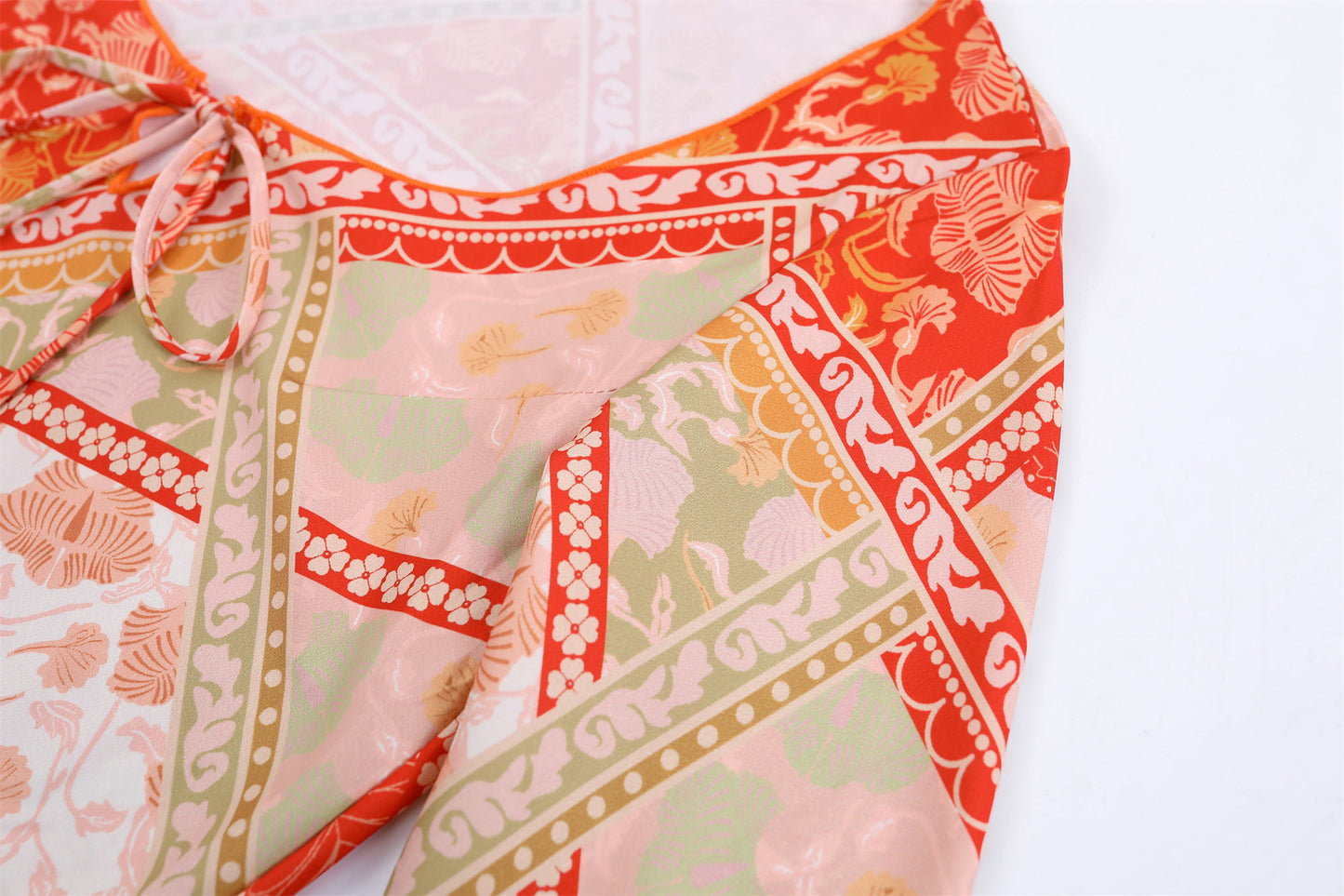 Fashionable Flared Bell Sleeves A-Line Maxi Dress Boho Summer Orange Patchwork Print Jewel Neck Long Dress AP6762
