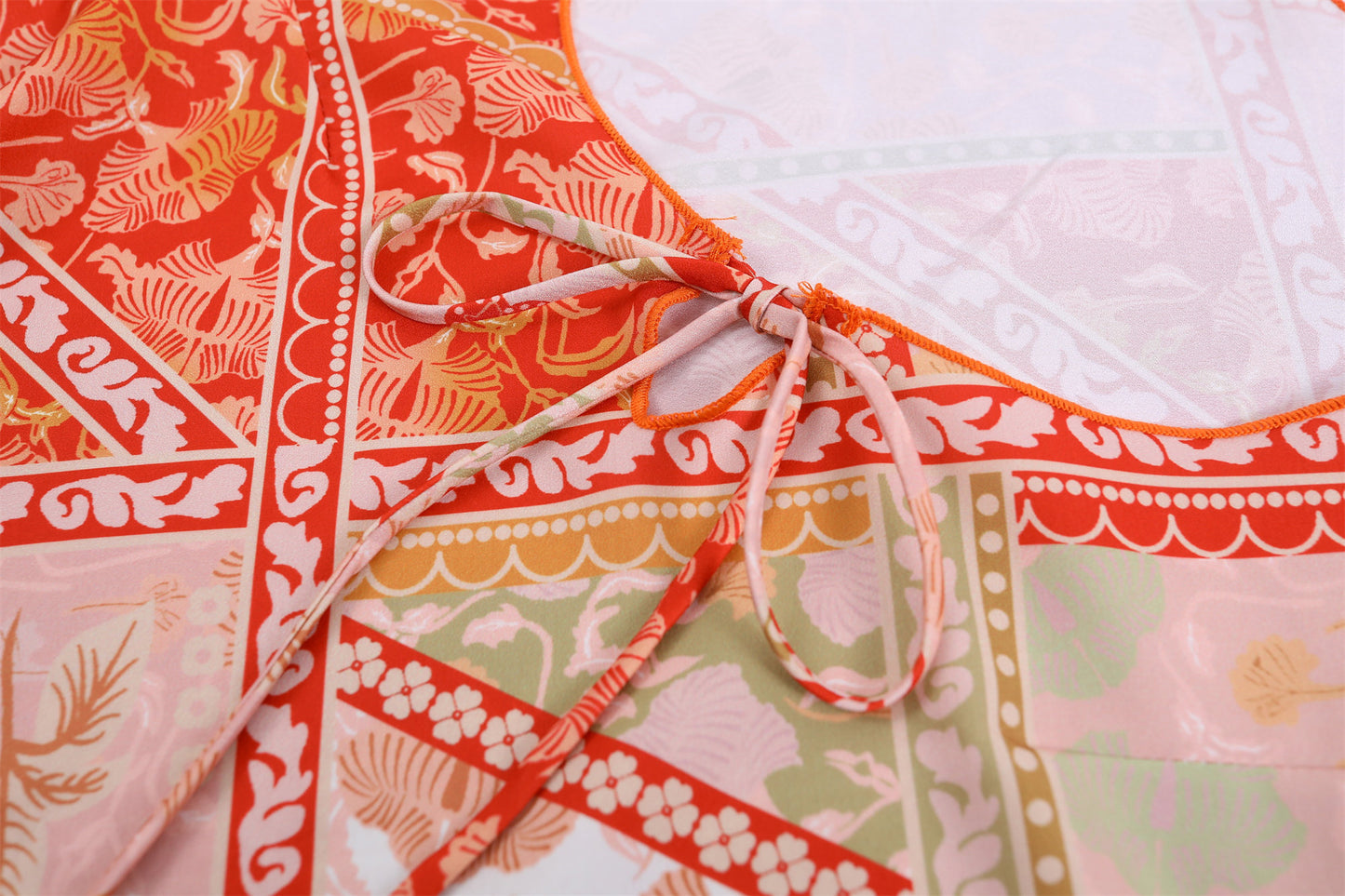 Fashionable Flared Bell Sleeves A-Line Maxi Dress Boho Summer Orange Patchwork Print Jewel Neck Long Dress AP6762