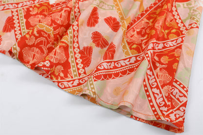 Fashionable Flared Bell Sleeves A-Line Maxi Dress Boho Summer Orange Patchwork Print Jewel Neck Long Dress AP6762