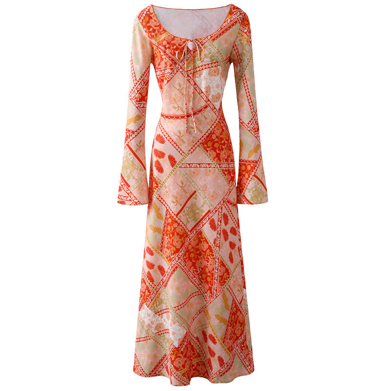 Fashionable Flared Bell Sleeves A-Line Maxi Dress Boho Summer Orange Patchwork Print Jewel Neck Long Dress AP6762