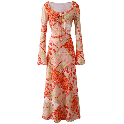 Fashionable Flared Bell Sleeves A-Line Maxi Dress Boho Summer Orange Patchwork Print Jewel Neck Long Dress AP6762