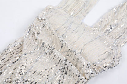 French Style Wave Pattern Bodycon Midi Dress Glam Sequin Halter Long Dress AP6763