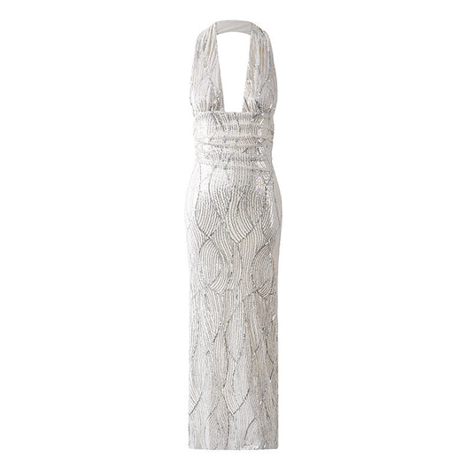 French Style Wave Pattern Bodycon Midi Dress Glam Sequin Halter Long Dress AP6763