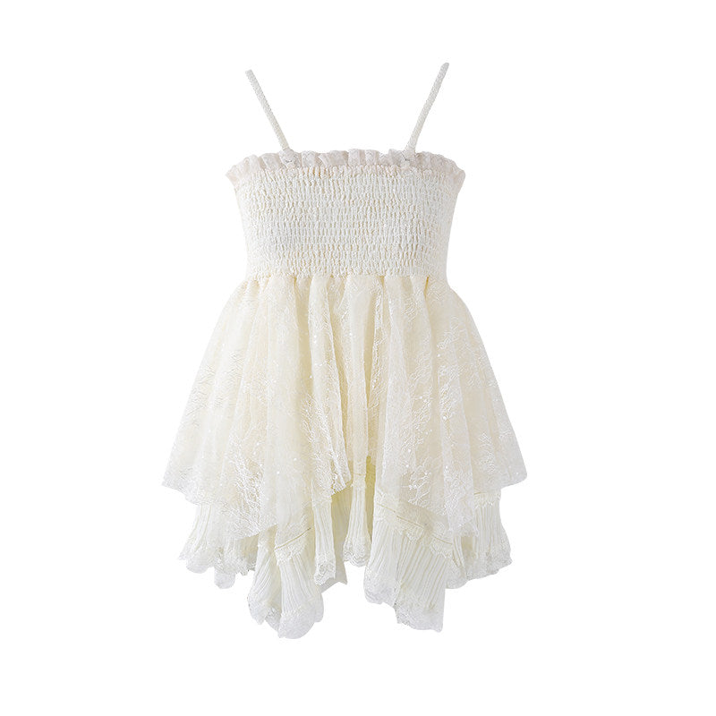 Minimalist Smocked Spaghetti Strap Top Tiered Maxi Skirt Ethereal Cream Lace Tulle Set A-Line Long Dress AP6764
