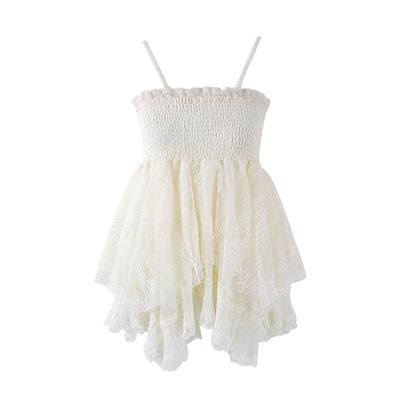 Minimalist Smocked Spaghetti Strap Top Tiered Maxi Skirt Ethereal Cream Lace Tulle Set A-Line Long Dress AP6764