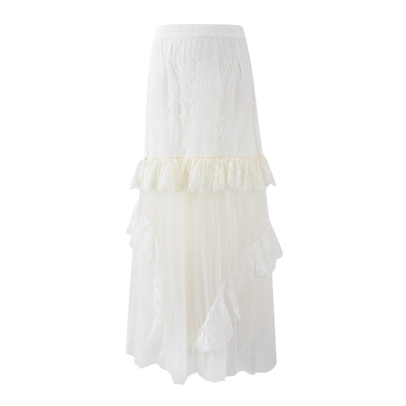 Minimalist Smocked Spaghetti Strap Top Tiered Maxi Skirt Ethereal Cream Lace Tulle Set A-Line Long Dress AP6764