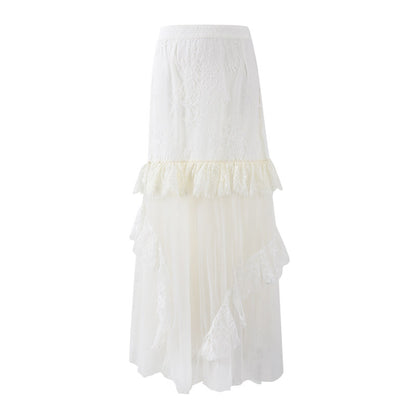 Minimalist Smocked Spaghetti Strap Top Tiered Maxi Skirt Ethereal Cream Lace Tulle Set A-Line Long Dress AP6764