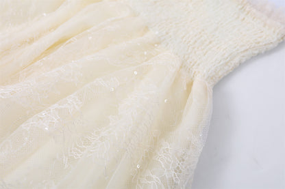 Minimalist Smocked Spaghetti Strap Top Tiered Maxi Skirt Ethereal Cream Lace Tulle Set A-Line Long Dress AP6764