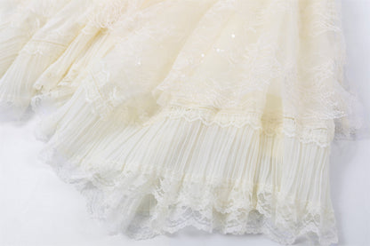 Minimalist Smocked Spaghetti Strap Top Tiered Maxi Skirt Ethereal Cream Lace Tulle Set A-Line Long Dress AP6764