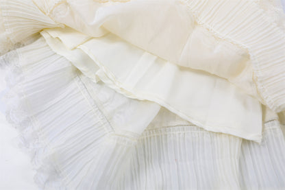 Minimalist Smocked Spaghetti Strap Top Tiered Maxi Skirt Ethereal Cream Lace Tulle Set A-Line Long Dress AP6764