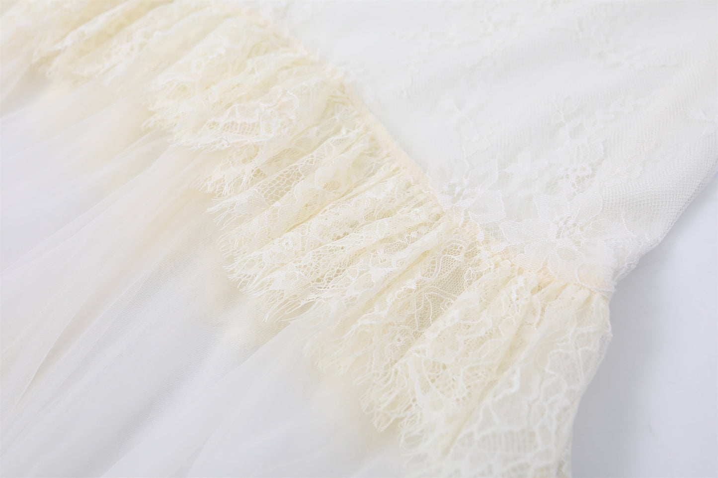Minimalist Smocked Spaghetti Strap Top Tiered Maxi Skirt Ethereal Cream Lace Tulle Set A-Line Long Dress AP6764