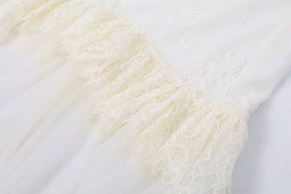 Minimalist Smocked Spaghetti Strap Top Tiered Maxi Skirt Ethereal Cream Lace Tulle Set A-Line Long Dress AP6764