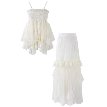Minimalist Smocked Spaghetti Strap Top Tiered Maxi Skirt Ethereal Cream Lace Tulle Set A-Line Long Dress AP6764