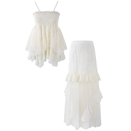 Minimalist Smocked Spaghetti Strap Top Tiered Maxi Skirt Ethereal Cream Lace Tulle Set A-Line Long Dress AP6764