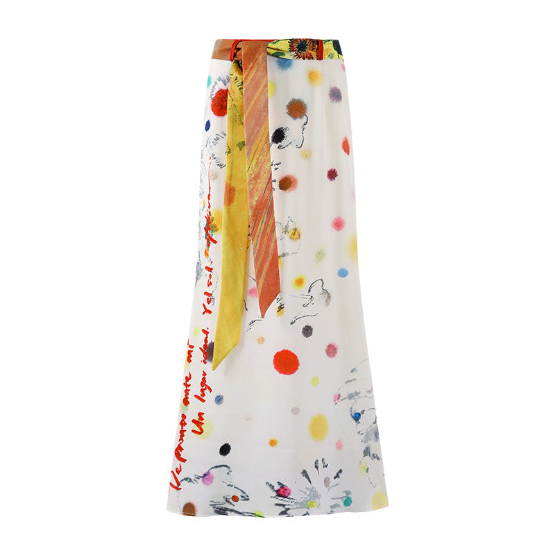Simple Flared Sleeve Top and Maxi Skirt Artistic Print Two-Piece Set Sash Detail Mermaid Long Dress AP6765