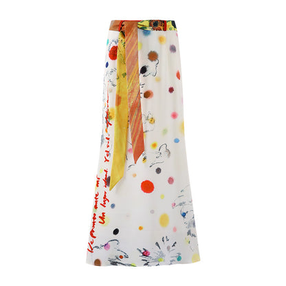 Simple Flared Sleeve Top and Maxi Skirt Artistic Print Two-Piece Set Sash Detail Mermaid Long Dress AP6765