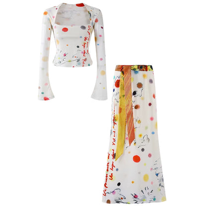 Simple Flared Sleeve Top and Maxi Skirt Artistic Print Two-Piece Set Sash Detail Mermaid Long Dress AP6765