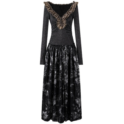 Charming Tie-Dye V Neck A-Line Maxi Dress Bohemian Grey Knit Brown Ruffle Accent Long Dress AP6766