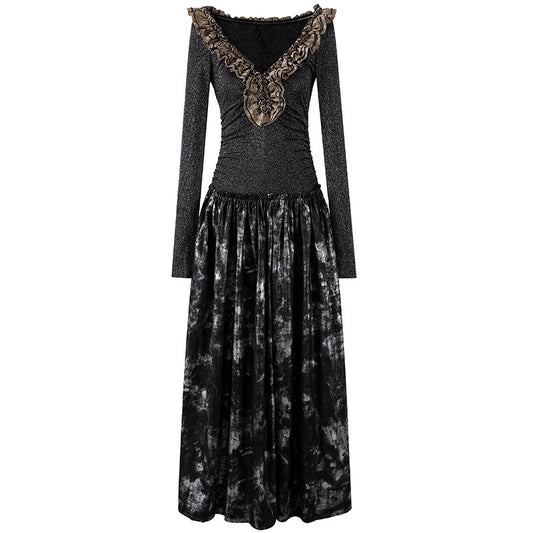 Charming Tie-Dye V Neck A-Line Maxi Dress Bohemian Grey Knit Brown Ruffle Accent Long Dress AP6766